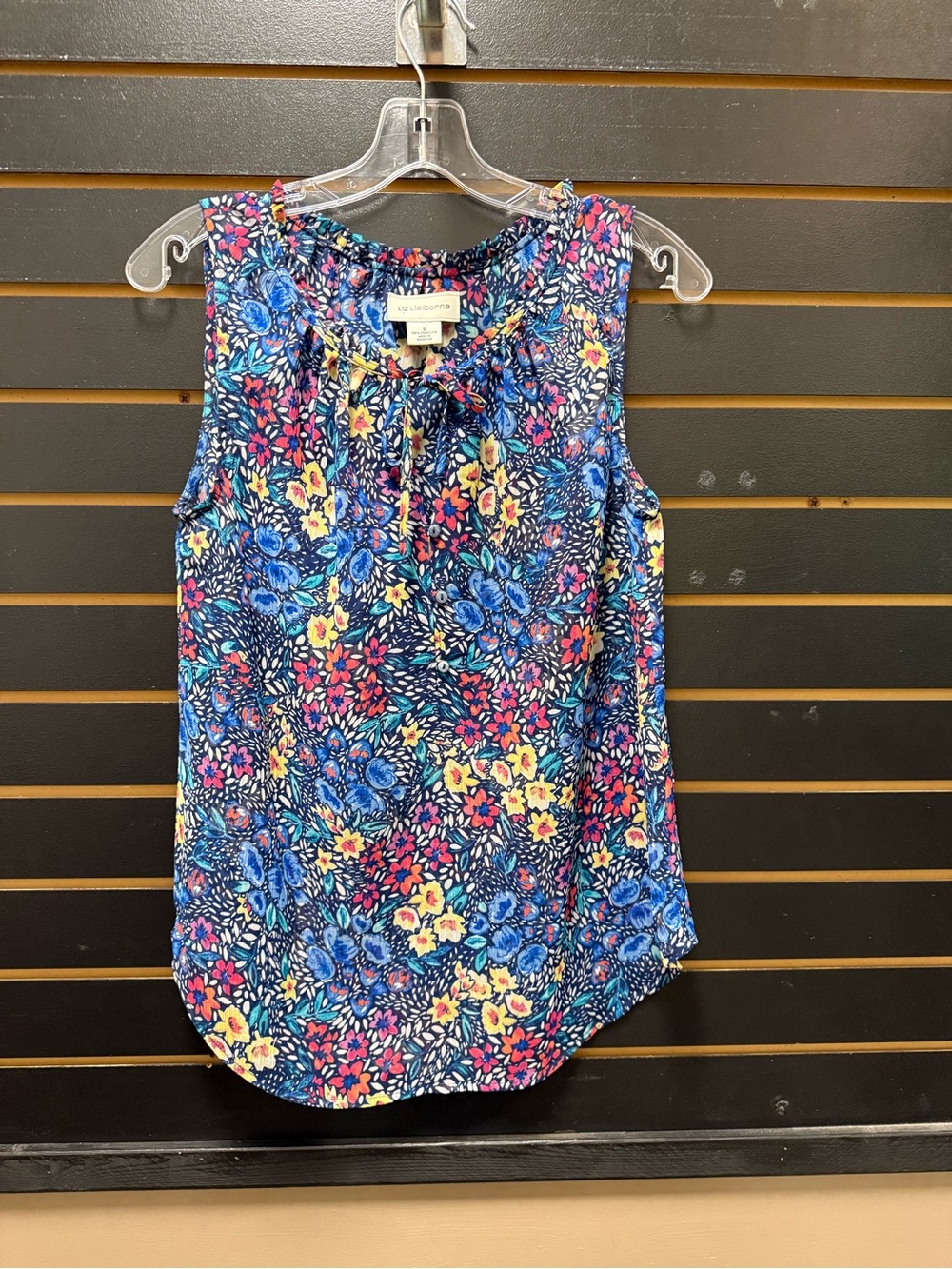 Liz Claiborne Floral Sleeveless Tie Neck Blouse Navy Multicolor Size Small